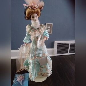 Franklin Heirloom Victorian Style Porcelain Doll in Blue and White Dress